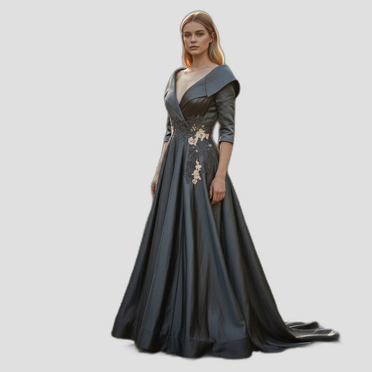 Elegant Black Satin Evening Gown with Dramatic Collar