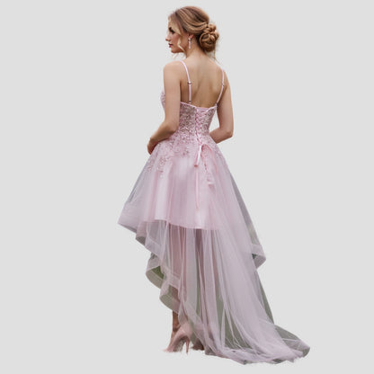 Dazzling Pink Glamour: High-Low Embroidered Evening Dress