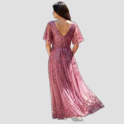 Elegant Floral Embroidered Evening Gown in Blush Pink for Special Occasions