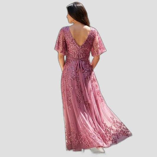 Elegant Floral Embroidered Evening Gown in Blush Pink for Special Occasions