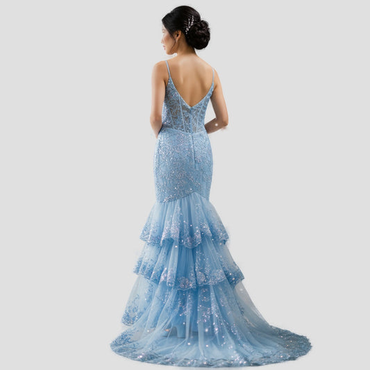 Dazzling Ice Blue Tiered Tulle Gown for Unforgettable Nights