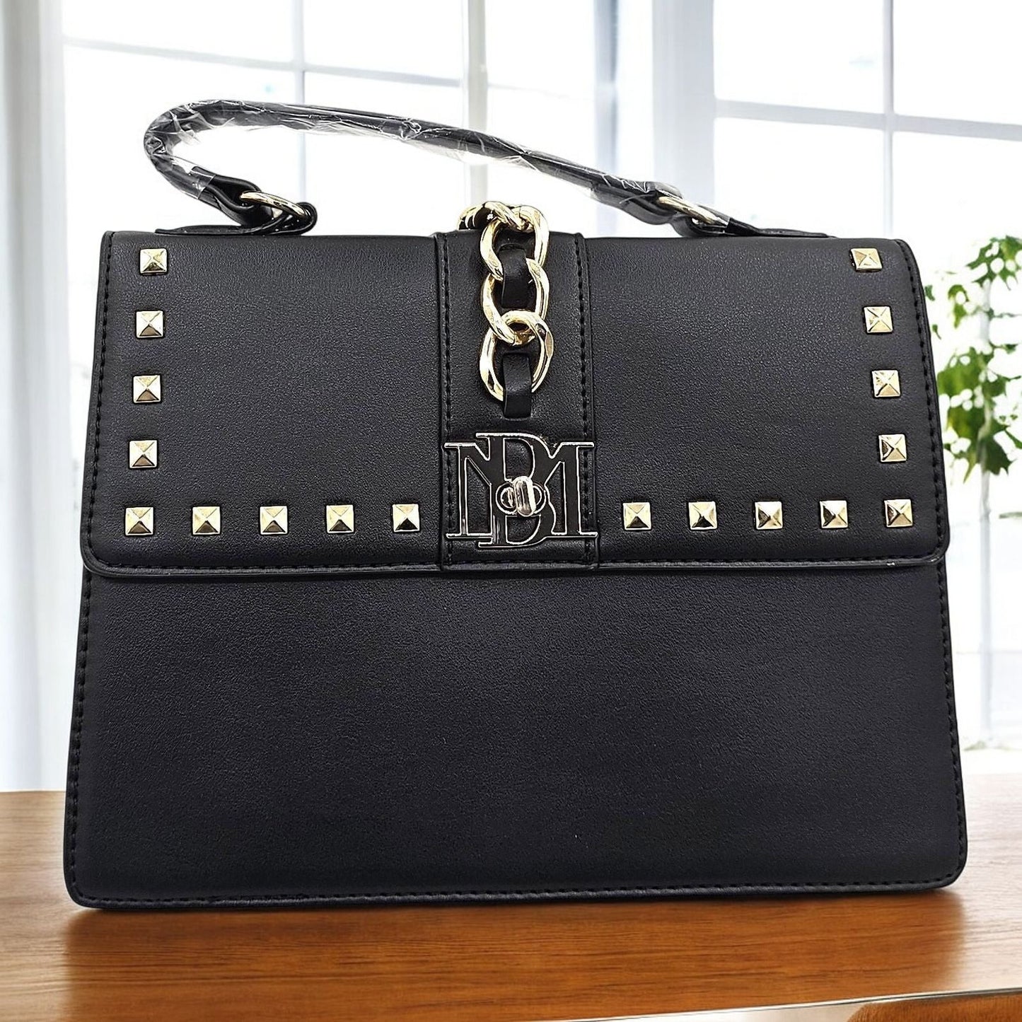 Vegan Leather Satchel with Studded Charm