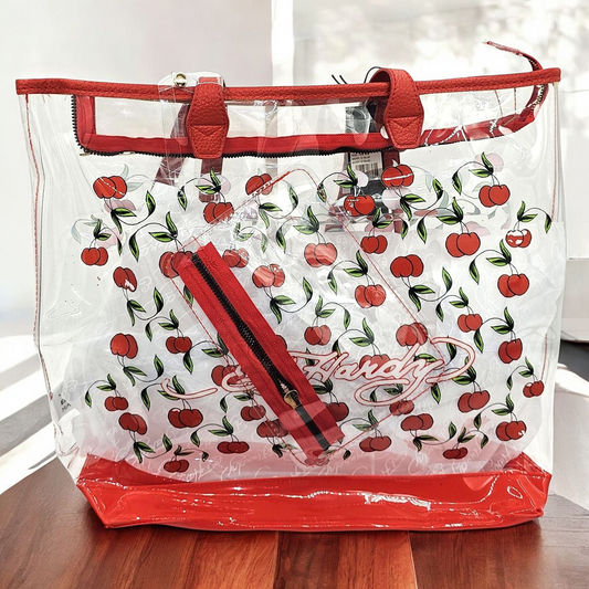 Cherry Bomb Clear Tote Bag with Trim and Inner Pouch
