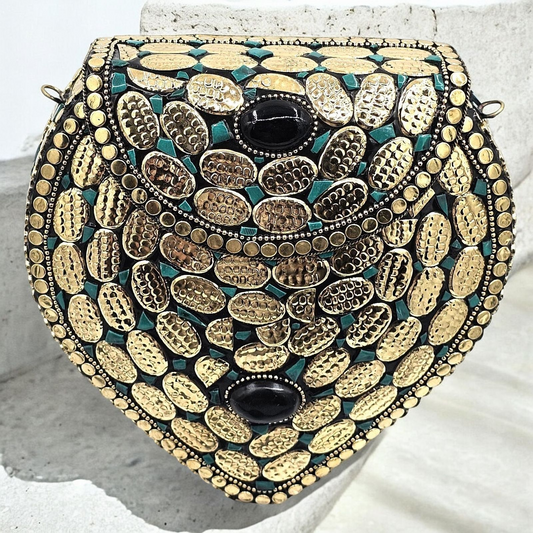 Glamorous Gold-Tone Studded Heart-Shaped Clutch Purse