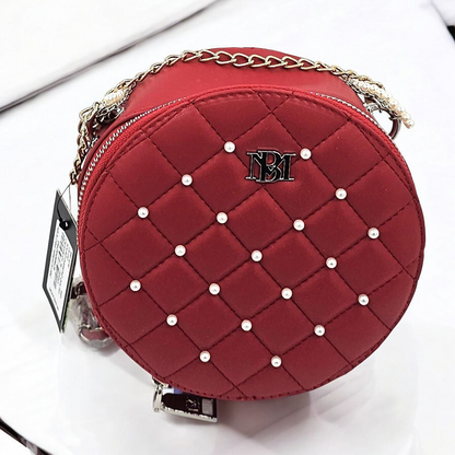 Elegant Round Quilted Handbag with Pearl and Chain Detail