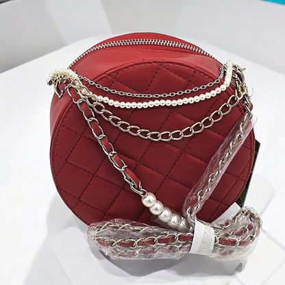 Elegant Round Quilted Handbag with Pearl and Chain Detail