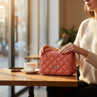 Elegant Quilted Crossbody Handbag with Pearl Studs
