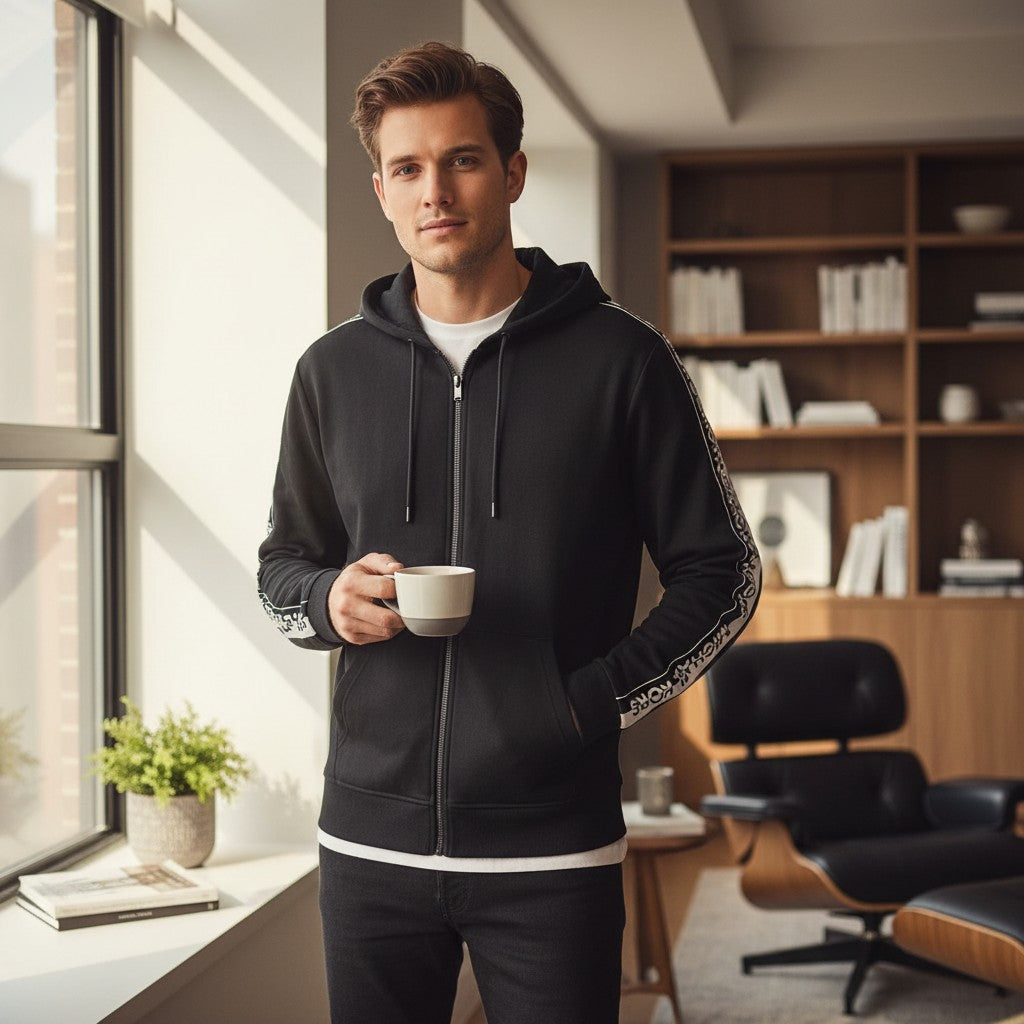 Black Zip-Up Hoodie with Logo Tape Sleeves