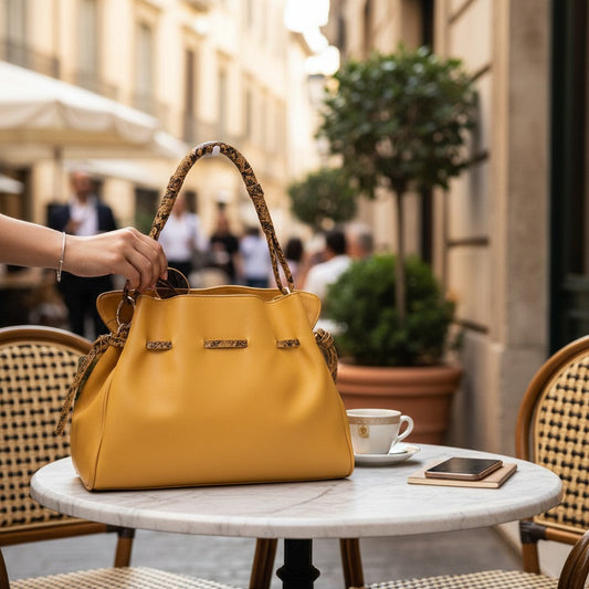 Audrey Mishka Mustard Handbag with Snakeskin Detail