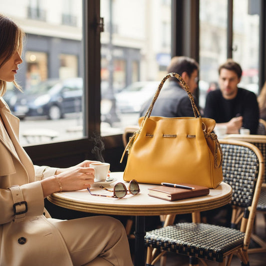 Audrey Mishka Mustard Handbag with Snakeskin Detail