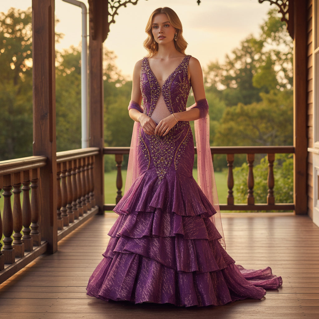 Dazzling Purple Mermaid Gown with Layered Drama