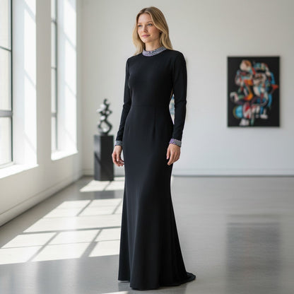 Glamorous Evening Dress with Sparkly Collar and Cuffs