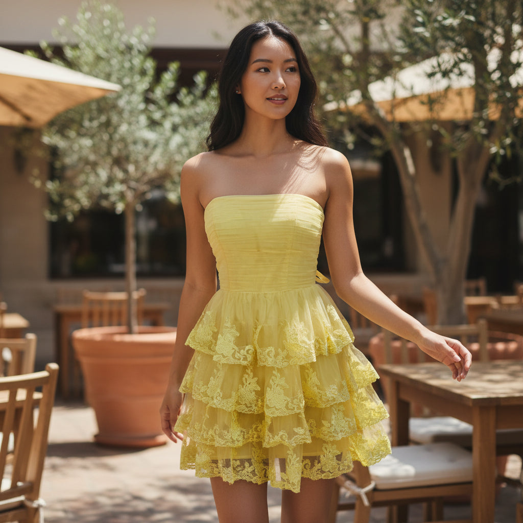 Yellow Ruffled Strapless Dress with Lace Trim for Summer Events