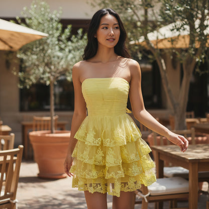 Yellow Ruffled Strapless Dress with Lace Trim for Summer Events