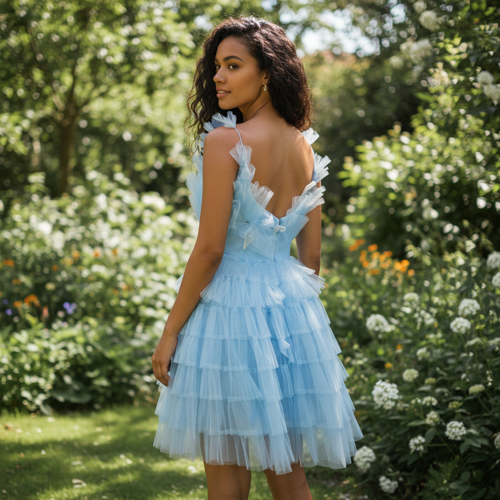 Show-Stopping Sky Blue Ruffled Tulle Party Dress