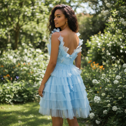Show-Stopping Sky Blue Ruffled Tulle Party Dress