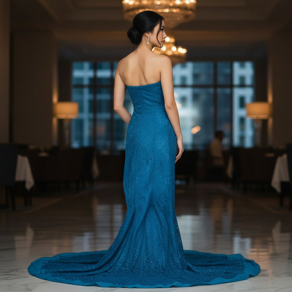 Dazzling Teal Lace Spectacle: Show-Stopping Gown for Galas
