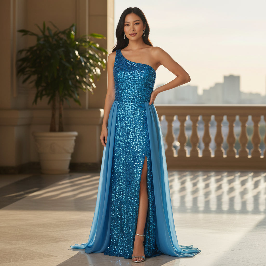 Dazzling Oceanic Sequin Gown with Show-Stopping Flow