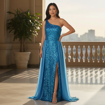Dazzling Oceanic Sequin Gown with Show-Stopping Flow