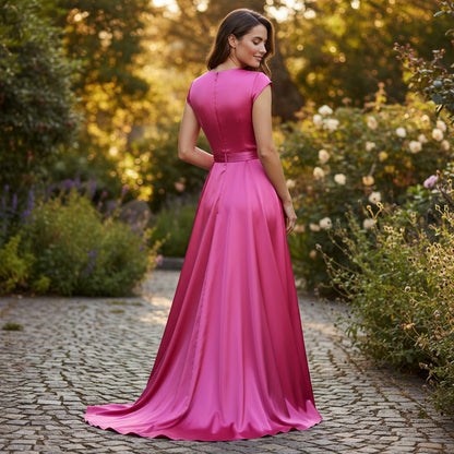 Elegant Pink Satin Evening Gown with Belted Waist