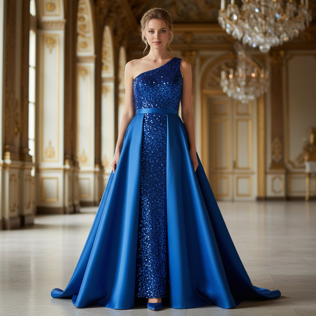 Dazzling Blue One-Shoulder Sequin Gown for Show-Stopping Nights