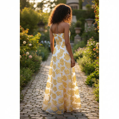 Golden Whimsy Strapless Maxi Dress: Shine Bright Tonight!
