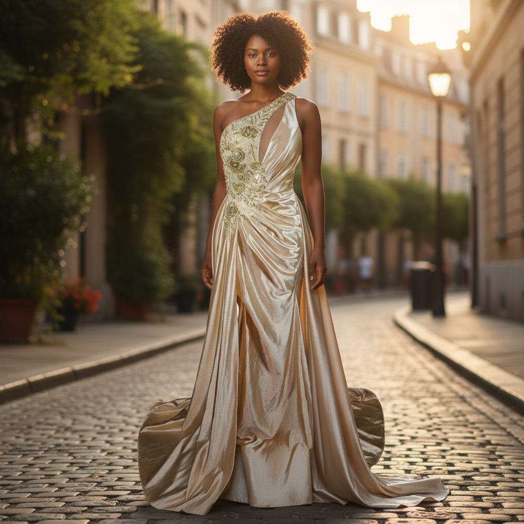 ilded Dreams One-Shoulder Evening Gown
