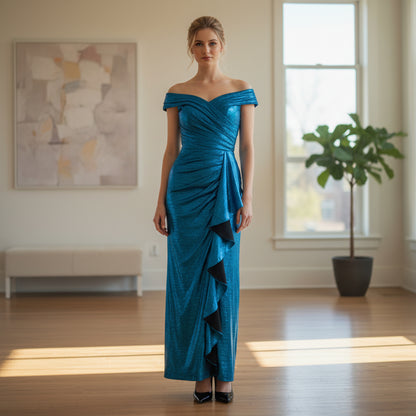 Dazzling Sapphire Shimmer Gown with Dramatic Cascade