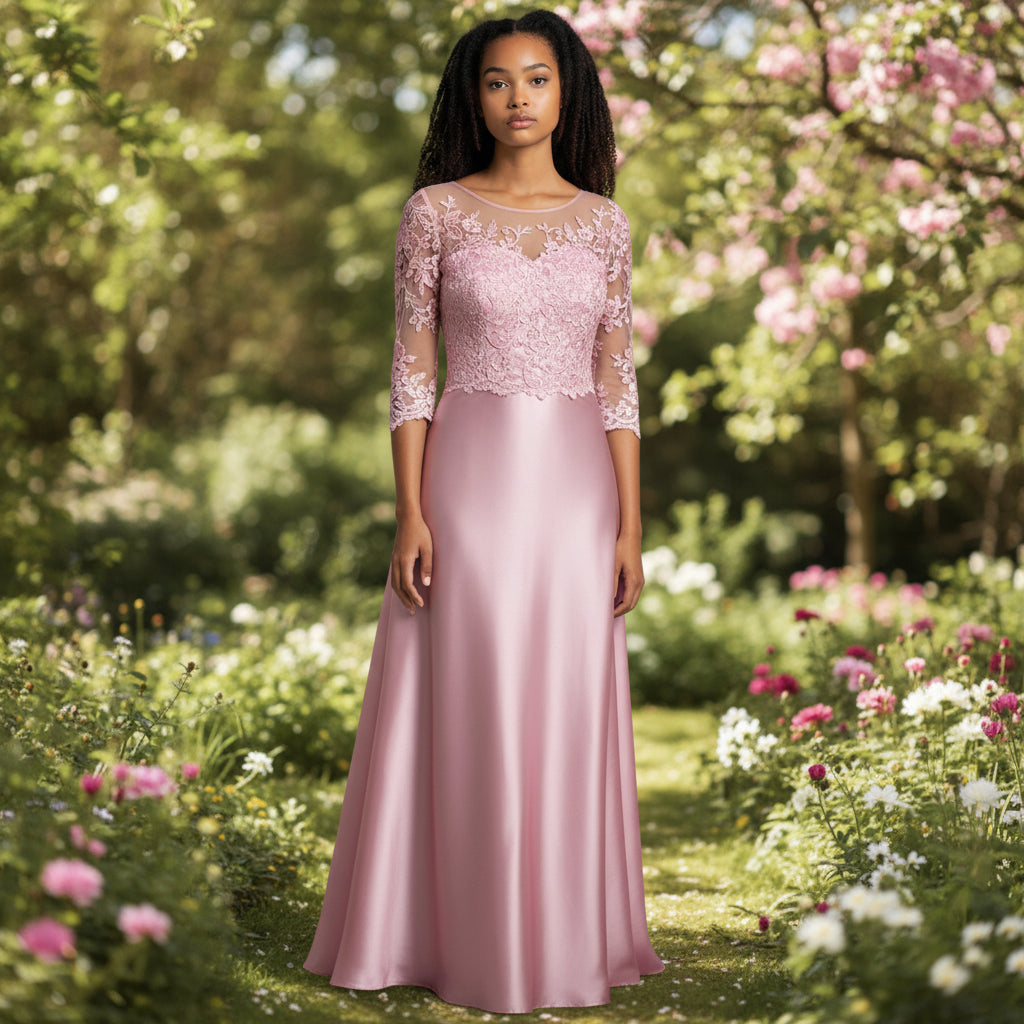 Elegant Pink Lace Long-Sleeve Gown for Special Occasions