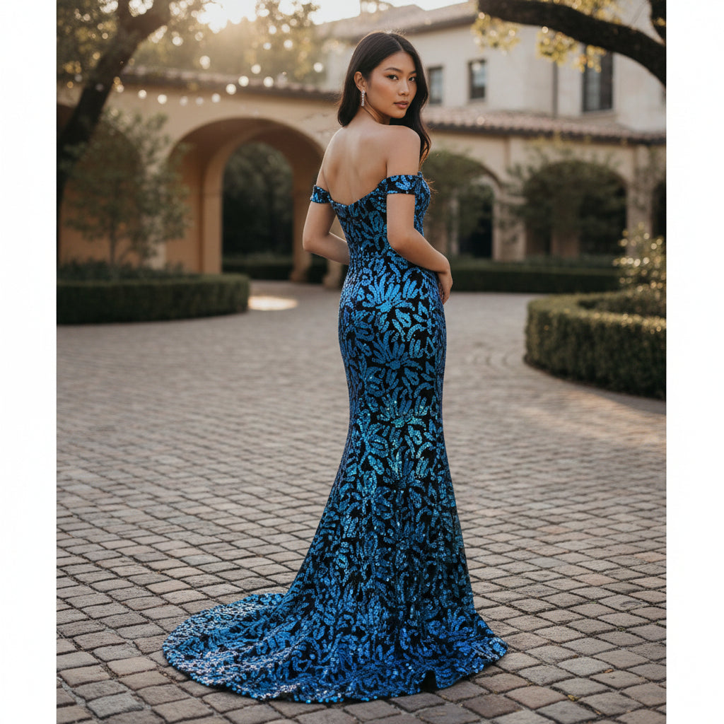 Haute Couture Elegant Blue Off-Shoulder Sequin Evening Gown for Special Occasions