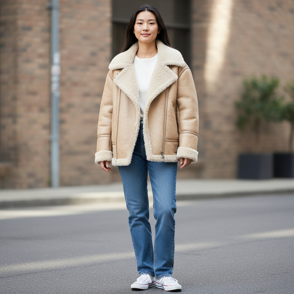 Bold Tan Reversible Shearling Jacket: Fierce Winter Warmth