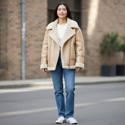 Bold Tan Reversible Shearling Jacket: Fierce Winter Warmth