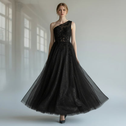 Midnight Black One-Shoulder Gown for Gala Nights