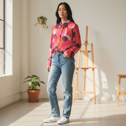 Abstract Print Button-Up Blouse - A Kaleidoscope of Color!
