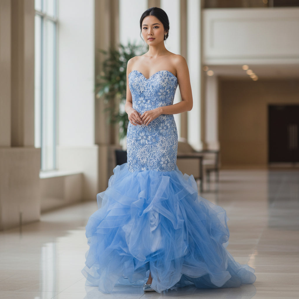 Sky-Blue Tulle & Lace Mermaid Gown for Show-Stopping Moments