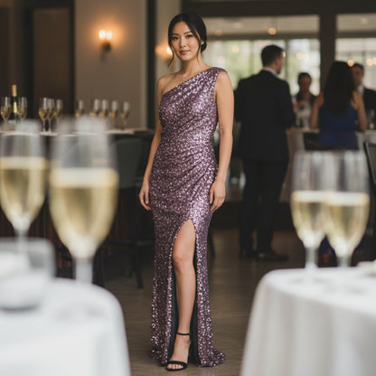 Dazzling One-Shoulder Sequined Gown for Show-Stopper Moments