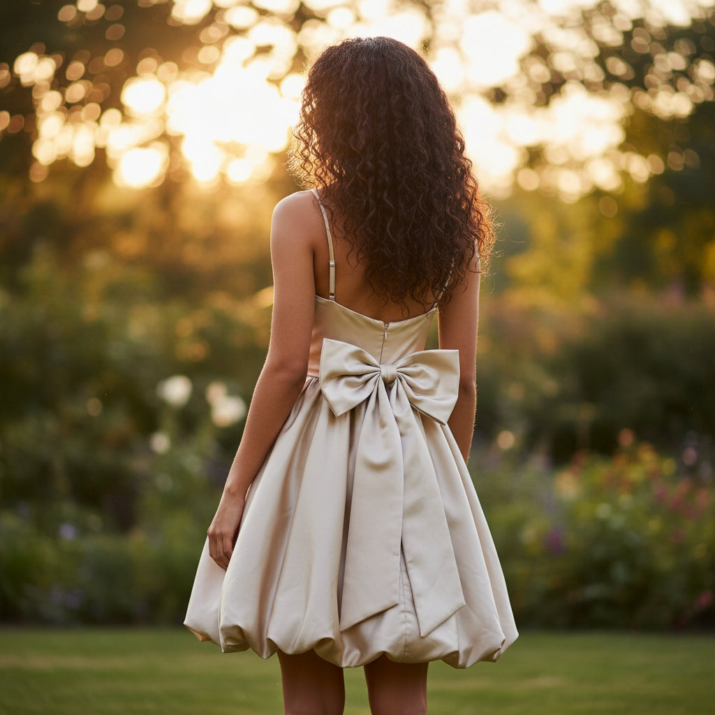 Chic Cream Satin Bow Back Mini Dress for Parties & Dates