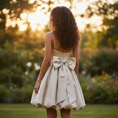 Chic Cream Satin Bow Back Mini Dress for Parties & Dates