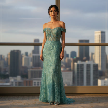 Dazzling Seafoam Lace Off-Shoulder Gala Gown