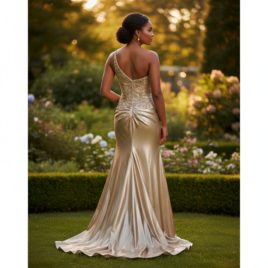ilded Dreams One-Shoulder Evening Gown