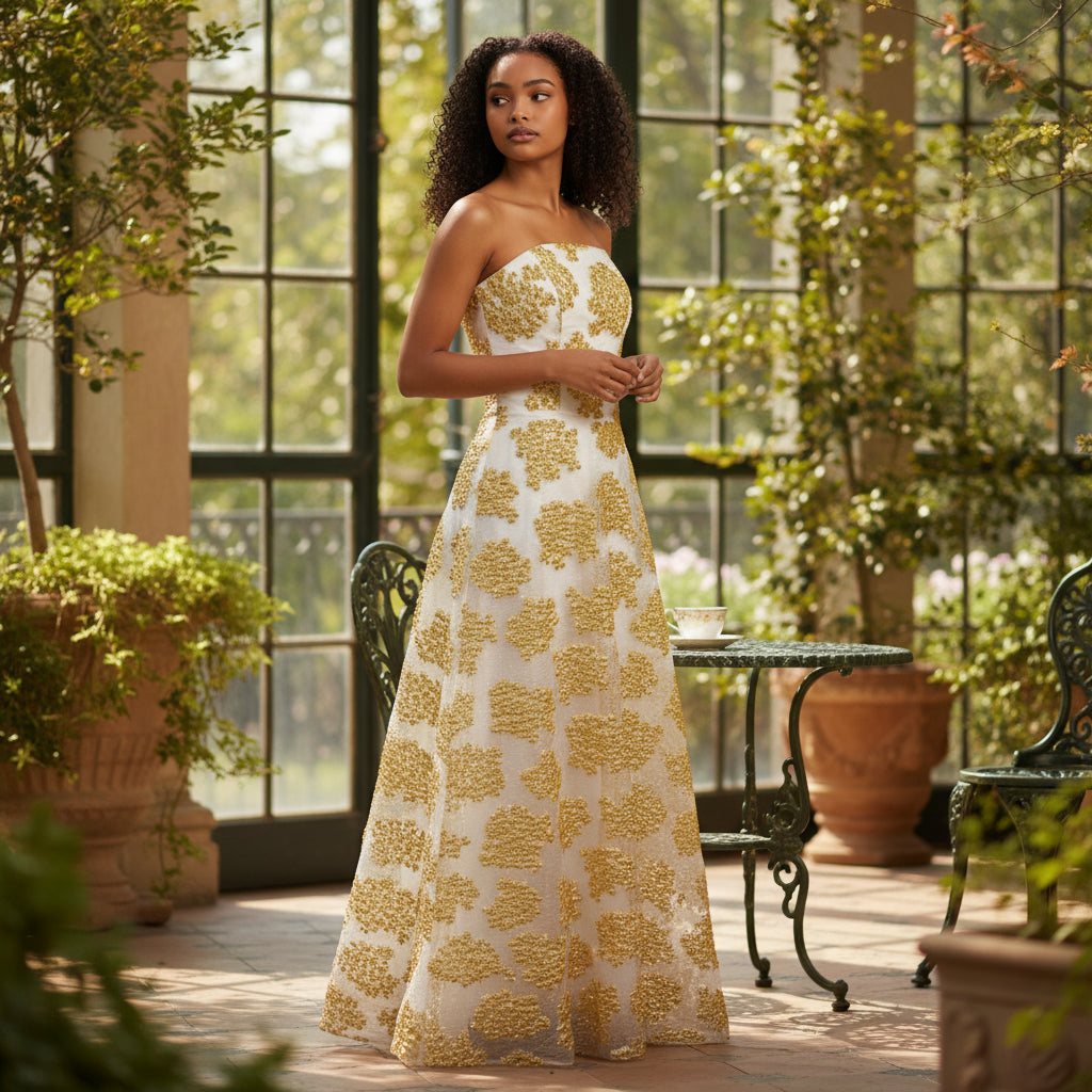 Golden Whimsy Strapless Maxi Dress: Shine Bright Tonight!