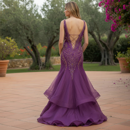 Dazzling Purple Mermaid Gown with Layered Drama