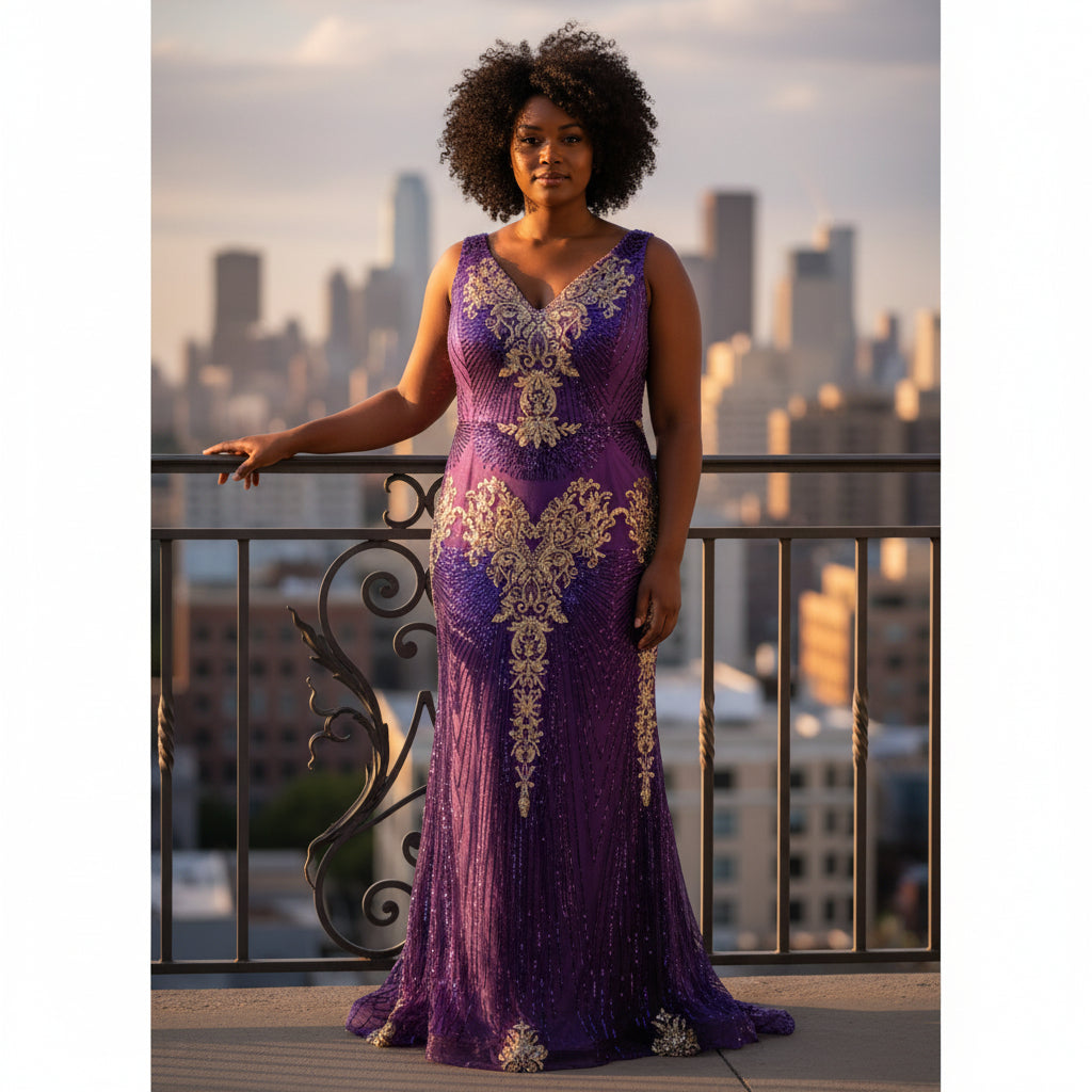 Royal Velvet Goddess Gown - Dazzle in Purple & Gold!
