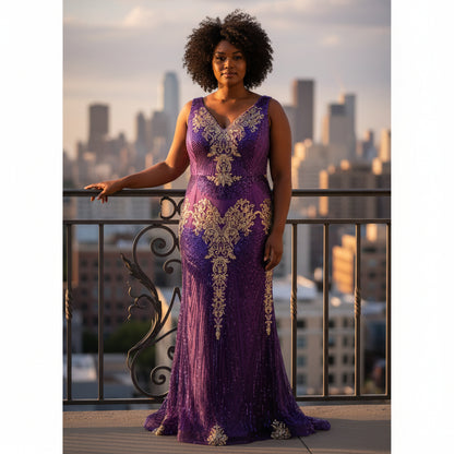 Royal Velvet Goddess Gown - Dazzle in Purple & Gold!