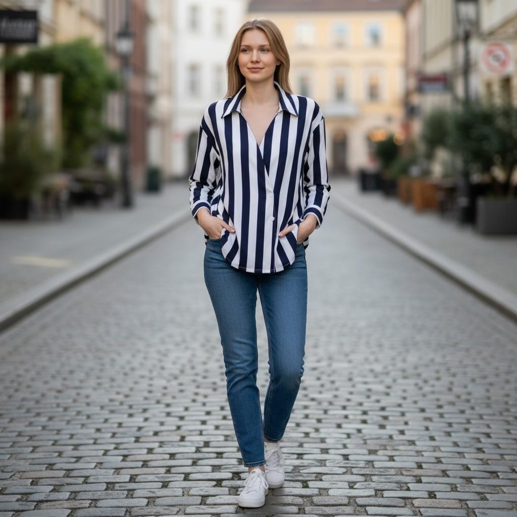 Striking Vertical Stripe Button-Up Blouse