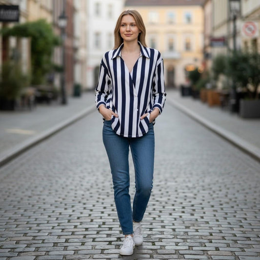 Striking Vertical Stripe Button-Up Blouse