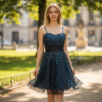 Dazzling Midnight Frock with Mesmerizing Mesh Magic