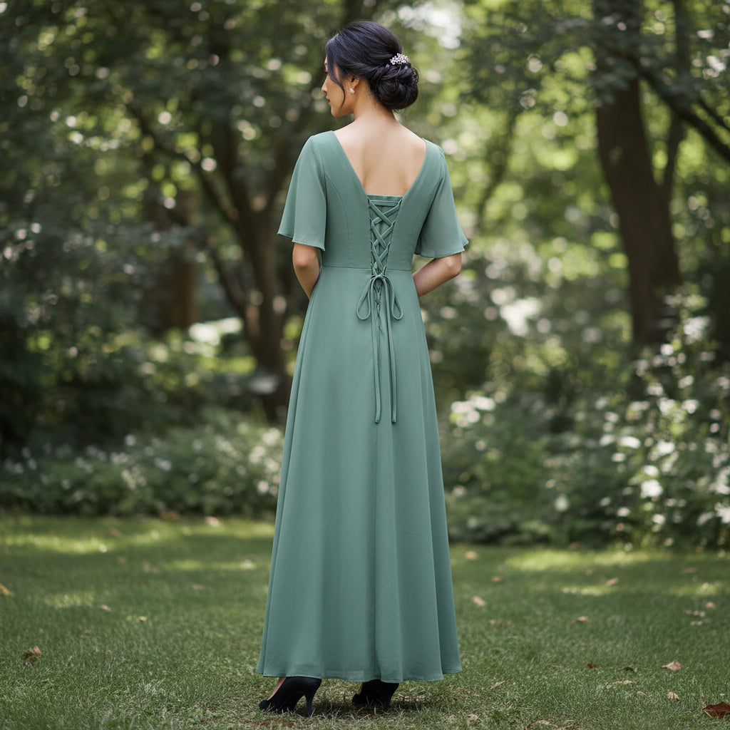 Enchanted Sage Chiffon Dress with Dazzling Floral Accent