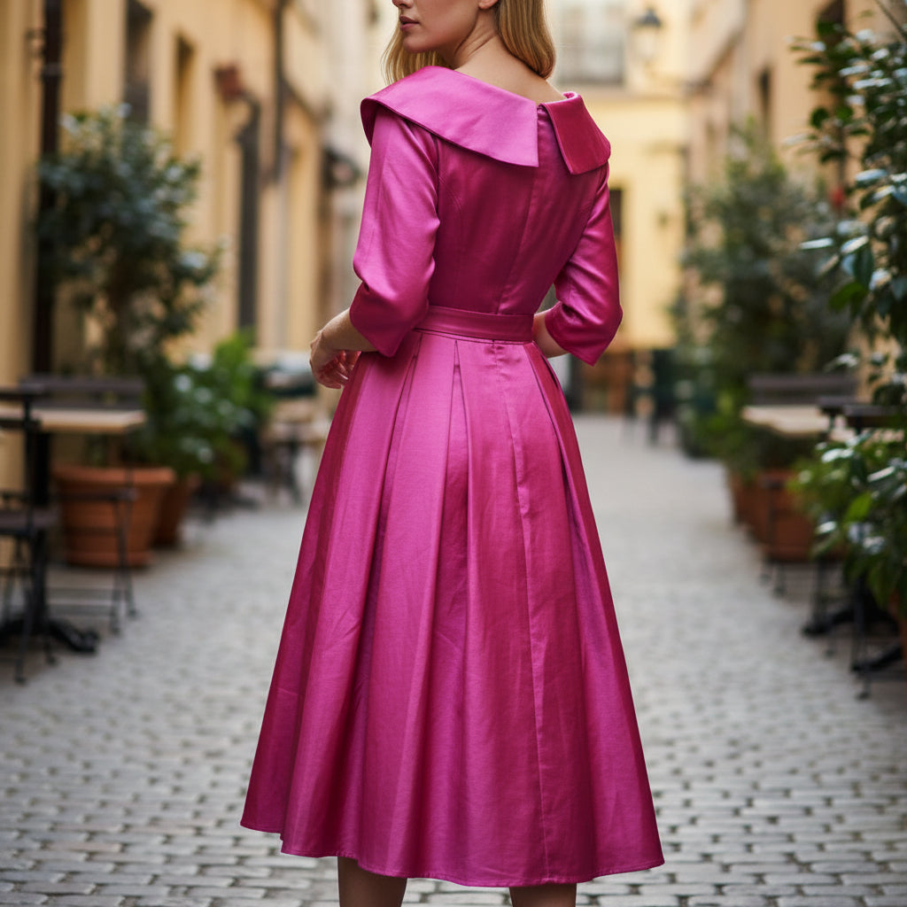 Chic Fuchsia Satin Midi Dress with Statement Collar