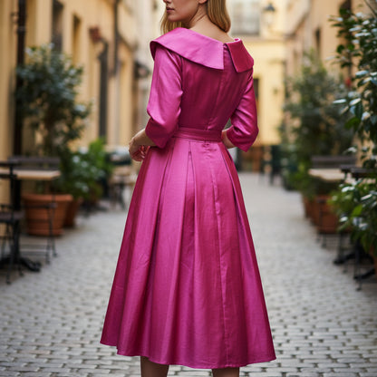 Chic Fuchsia Satin Midi Dress with Statement Collar